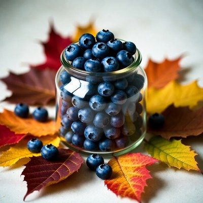 Blueberries in Jar with Autumn Leaves