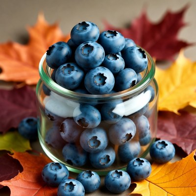 Blueberries in Glass Jar with Autumn Leaves