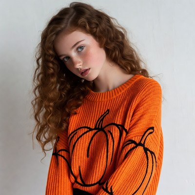 Redhead girl in pumpkin sweater