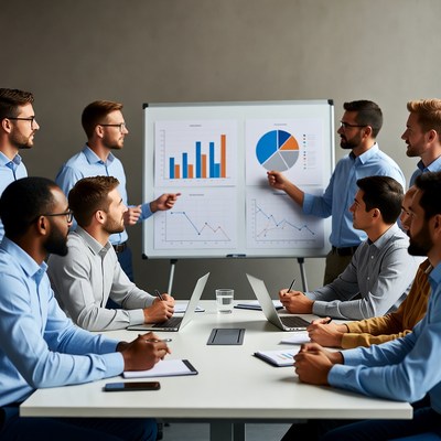 Men discussing charts in meeting