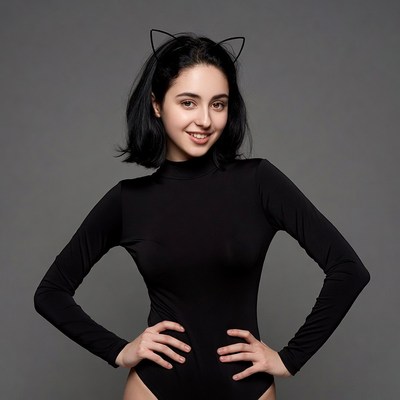 Woman in black catsuit with cat ears