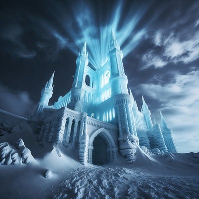 Ice Castle Glowing in Snowy Night