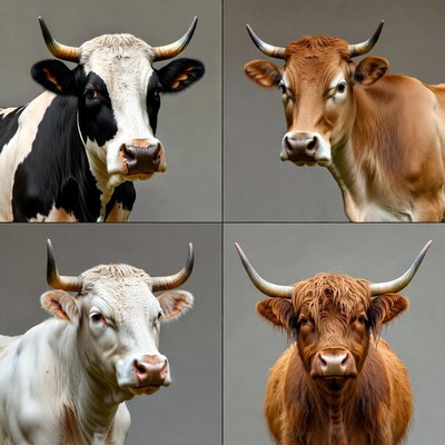 Four Varieties of Cattle Close-Up