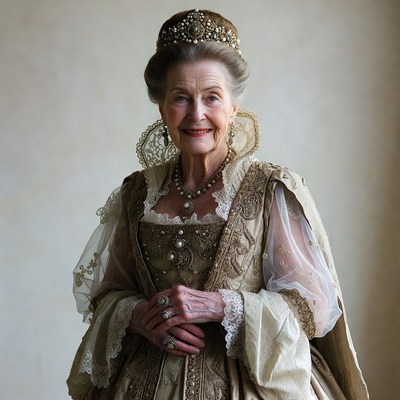 Elderly woman in Elizabethan gown