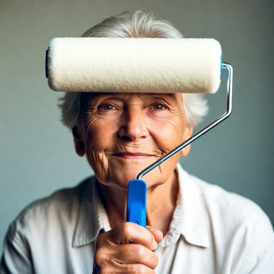 Elderly woman holding paint roller on head