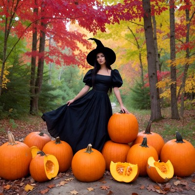 Woman in black witch dress with pumpkins