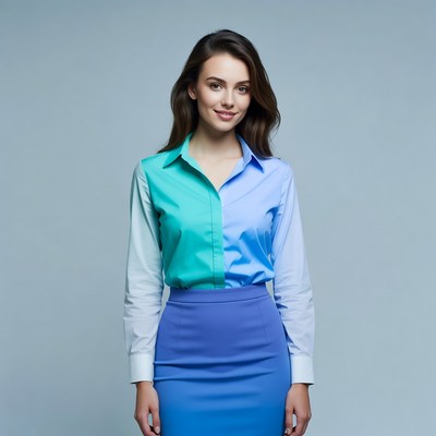 Woman in colorful collared shirt and skirt