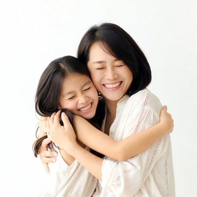 Asian mother hugging daughter