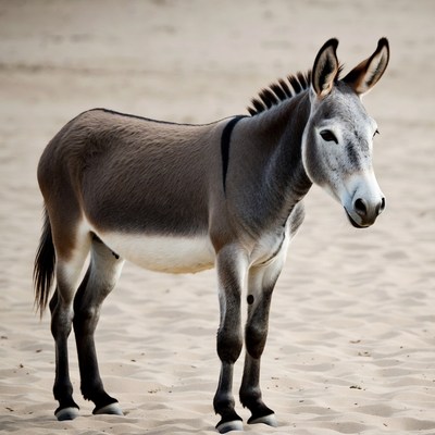 Donkey standing on sandy beach