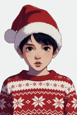 Asian boy in Santa hat and sweater
