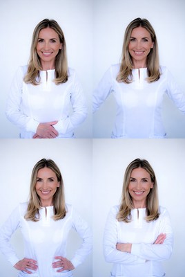 Smiling woman in white top four poses