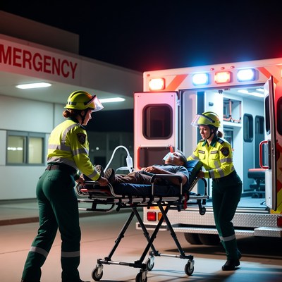 Paramedics wheeling patient into ambulance