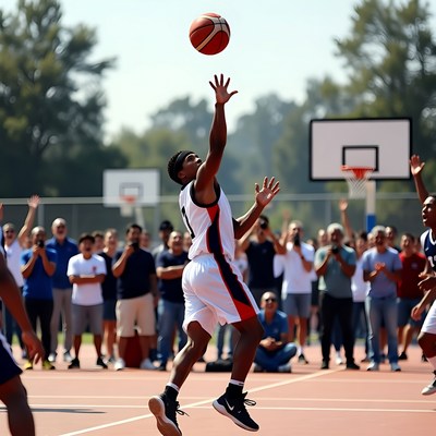 African-American man dunking basketball