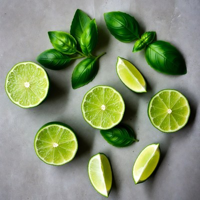 Fresh lime slices with basil leaves
