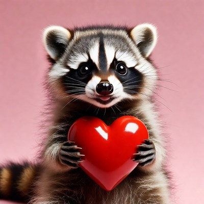 Cute raccoon holding red heart