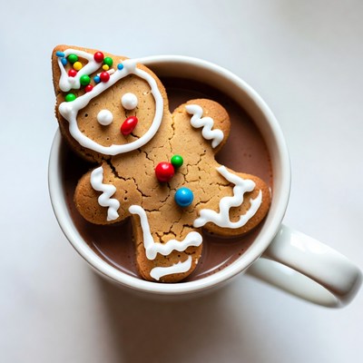 Gingerbread man in hot chocolate mug