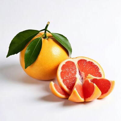 Whole and Sliced Grapefruit with Leaves