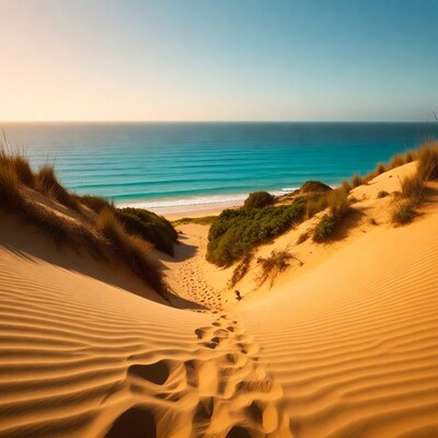 Footprints in sand dunes to ocean