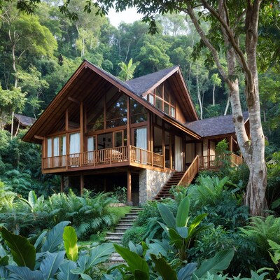 Wooden house in lush jungle