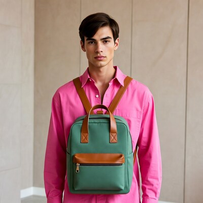 Young man with green backpack