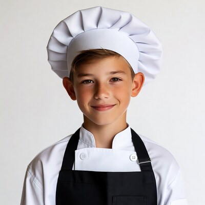 Boy wearing chef hat and uniform