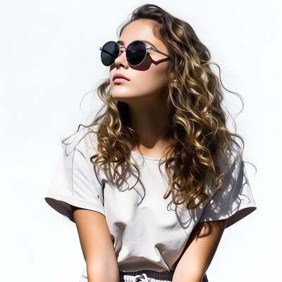 Woman in sunglasses looking up