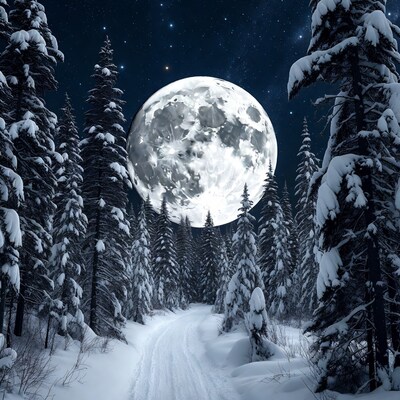 Full Moon Over Snowy Forest Path