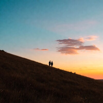 Couple silhouetted on grassy hill at sunset