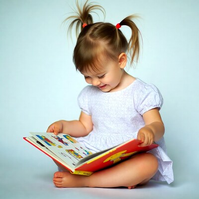 Toddler girl reading picture book
