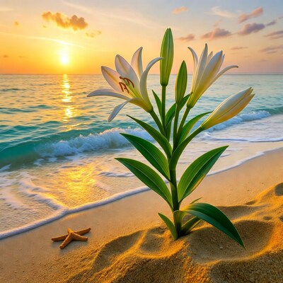 Lilies on beach at sunset