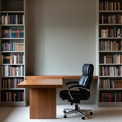 Black Leather Chair at Wooden Desk with Bookshelves