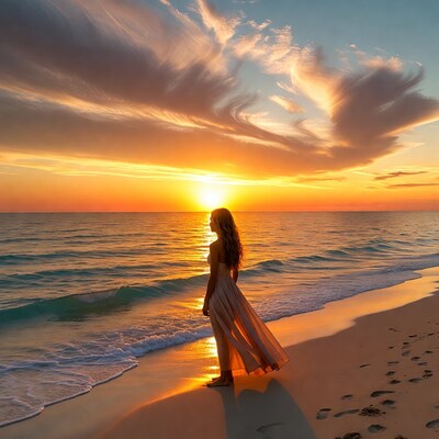 Woman in dress at sunset beach