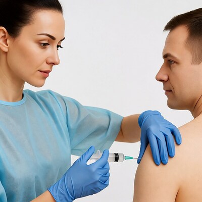 Nurse injecting man shoulder