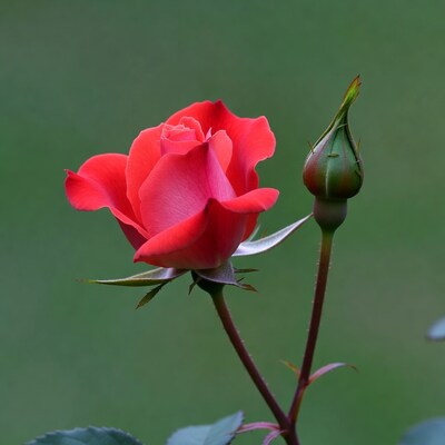 Red Rose with Bud on Green Background