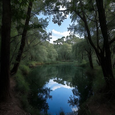 Forest Framed Lake with Sky Reflection