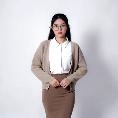 Asian woman in beige cardigan and skirt