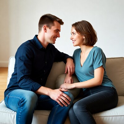 Smiling couple sitting on sofa