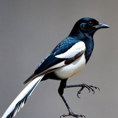 Black-billed Magpie Standing on Gray Background