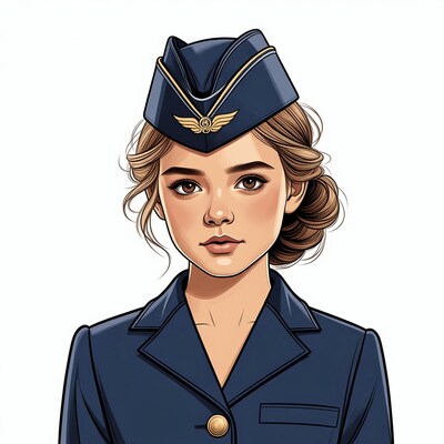 Illustrated Woman in Flight Attendant Uniform