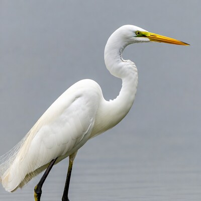 Great Egret standing on gray background