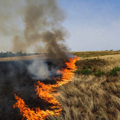 Grassland wildfire burning through dry field