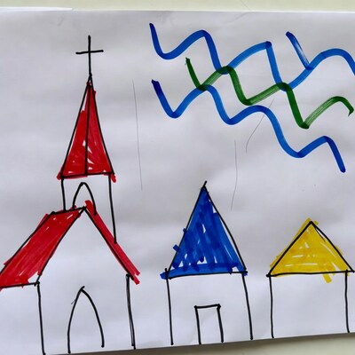 Children's drawing of church and houses