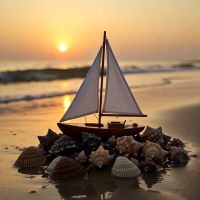 Toy Sailboat on Seashells at Sunset Beach