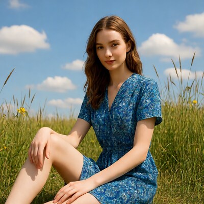 Woman in blue dress sitting in grass field