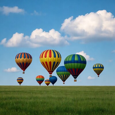 Colorful hot air balloons over green field