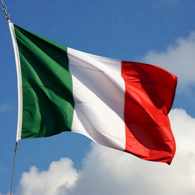 Italian Flag Waving in Blue Sky
