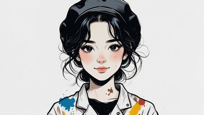 Asian girl in beret with paint-splattered jacket