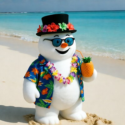Snowman in Hawaiian shirt on beach