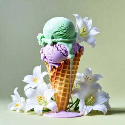 Green and Purple Ice Cream Cone with Lilies