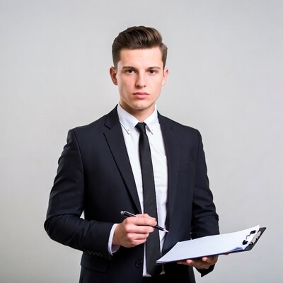 Businessman holding clipboard and pen